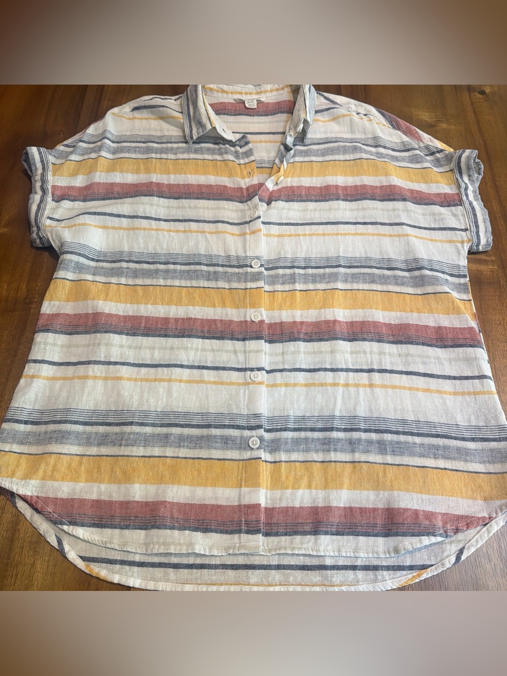 BeachLunchLounge White Striped Linen Blend Collared Short Sleeve Shirt Med